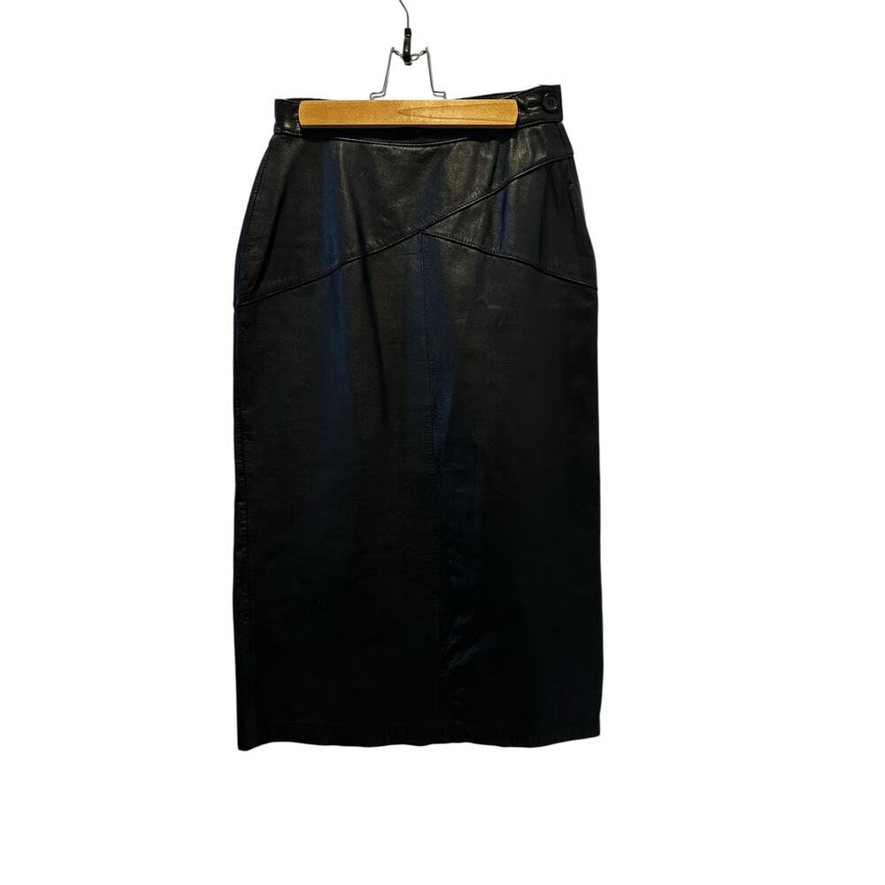 VTG Greg Adams Black Leather High Waist Pencil Midi Skirt 6 90s Minimalist Korea